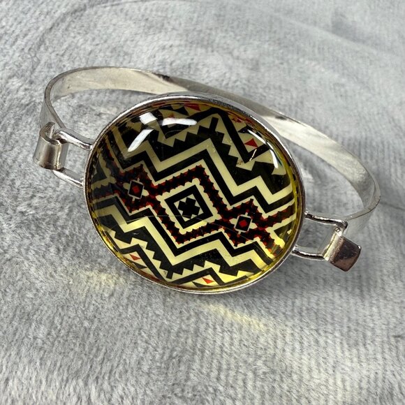 Geometric Aztec Pattern Glass Dome Silver-Tone Bracelet Women Fashion Jewelry - Picture 2 of 16